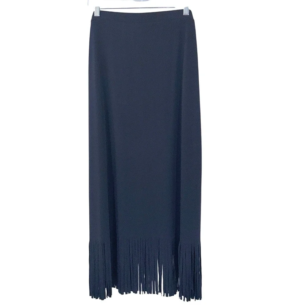 Chicos Collection Maxi Skirt Womens sz L /2 Navy Fringe Elastic Waist Pull On